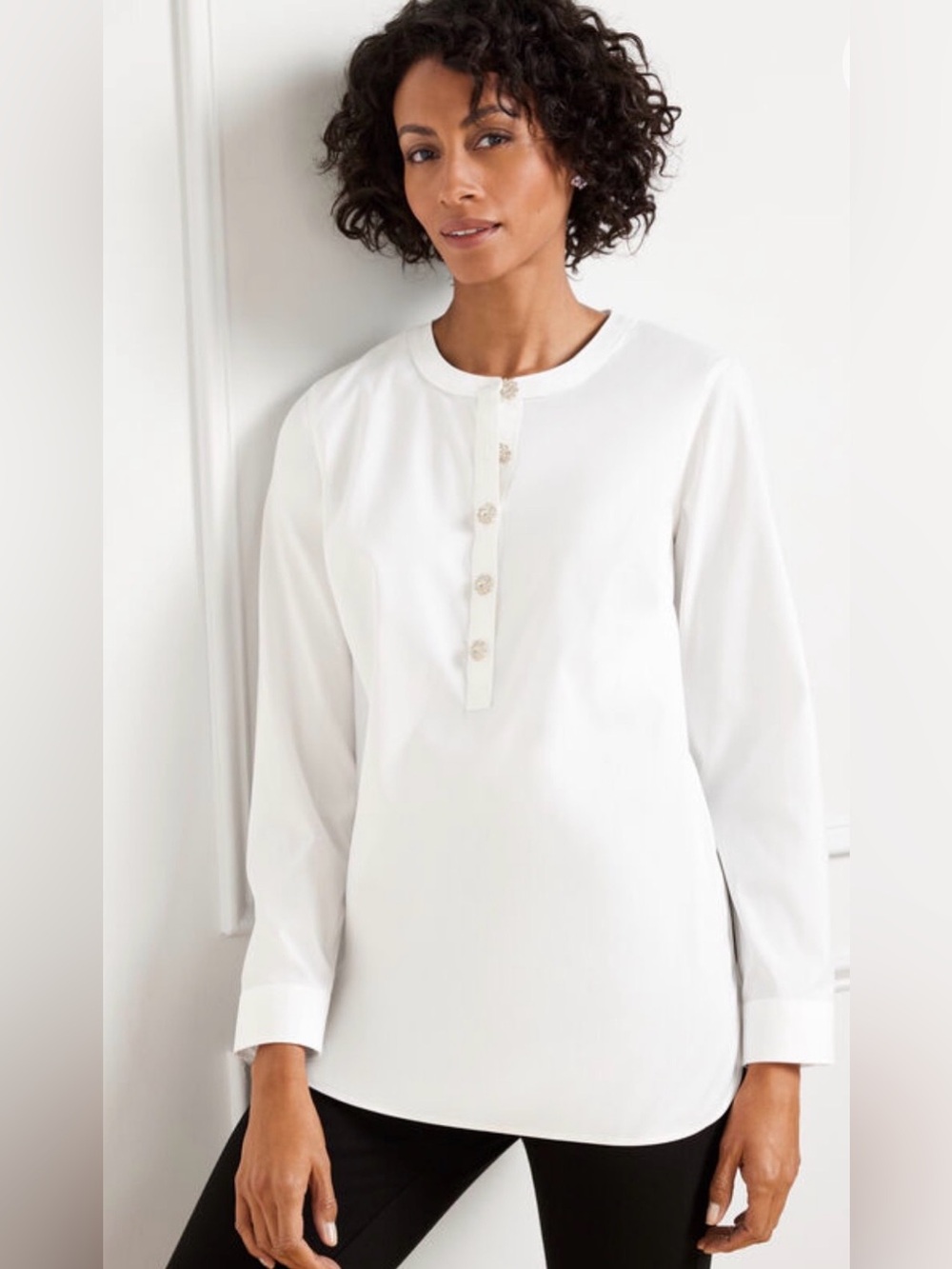 Talbots white non-iron banded collar blouse with rhinestone buttons